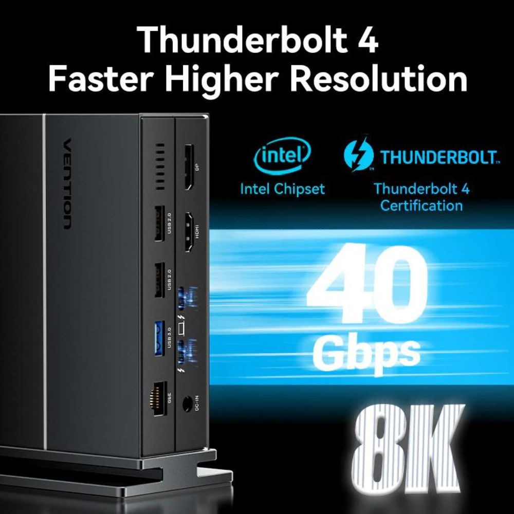 Vention TPFH0 Thunderbolt 4 14-in-1 Multifunctional Docking Station with 40Gbps Fast Transfer Rate, 8K 30Hz UHD, Intel Certified, PD 60W, 10Gbps USB 3.2 Type-C Gen 2, USB-A 3.2 Gen 2, 5Gbps USB-A 3.0, 3.5mm AUX, 1000Mbps, SD & TF Card Slot