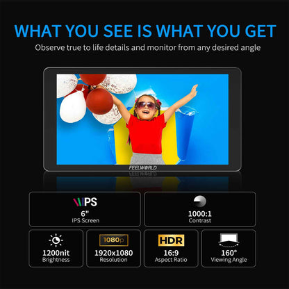 FEELWORLD P6XL 7" IPS On Camera LCD Touchscreen Video Monitor with 4K HDMI Input / Output, HDR, 1200 Nits High Brightness, Custom Load 3D LUTs, 3000mAh Built-in Rechargeable Battery for Videography