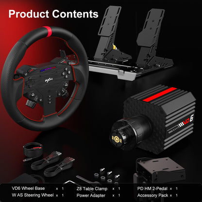 PXN VD6 & VD4 Direct Drive Sim Racing Wheel Bundle with High-Torque Servo Motor Base, Hall Sensor Pedals, Programmable Buttons, Quick Release Steering Wheel & SimRacing Software PC, PS4 / PS5 Pro, Xbox Series, Gaming Console Accessories