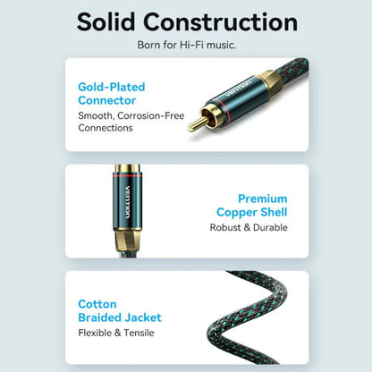 Vention RCA Cotton Braided Coaxial Cable (Hi-Fi) with Male to Male Gold Plated Plug Connectors and Dual Interl Shielding for Audio Visual Equipment and Sound Systems Smart TV CD / DVD Players Amplifiers Speakers and more
