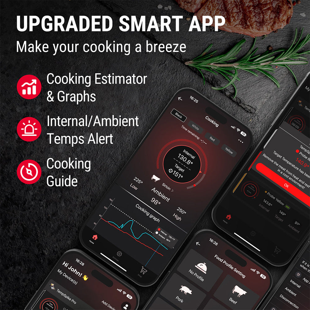 ThermoPro TempSpike TP980 Wireless Meat Thermometer for BBQ, Grill, Smoking, Rotisserie with WiFi & Bluetooth Smart Digital, App Control, 4 Sensors Waterproof Probes & Long Battery Life