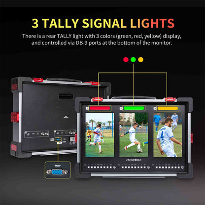 FEELWORLD PS101 Triple 10.1" IPS Vertical Screen Carry On LCD Video Monitor w/ HDR, 4K HDMI / 1080p 3G-SDI Input Output, 1000 Nits, Load Custom 3D LUTs, 3 Tally Sigl Lights, Full Programmable Buttons & V-Mount Battery Plate