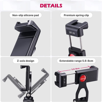 Ulanzi ST-10 Adjustable Smartphone Holder Tripod Mount fits 2.2 to 3.1" Phones, 360 Degree Rotation, Cold Shoe and 1/4"-20 Female Thread, Forward and Backward Tilt
