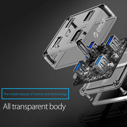 ORICO 4-Port USB 3.0 Transparent Hub with Power Supply, 5Gbps Speed, and Support for Windows, macOS, and Linux for PCs, Desktop Computers, and Laptops - USB Hubs and Docking Stations