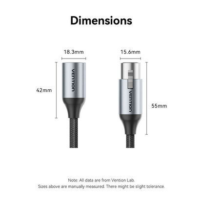 Vention XLR Male to Female Microphone Audio Cable with Nickel-Plated Connectors, Multi-Layer Shielding, Aluminum Alloy Shell and Cotton Braided Jacket for Speaker, Mixers, Amplifiers, Sound Card, and More