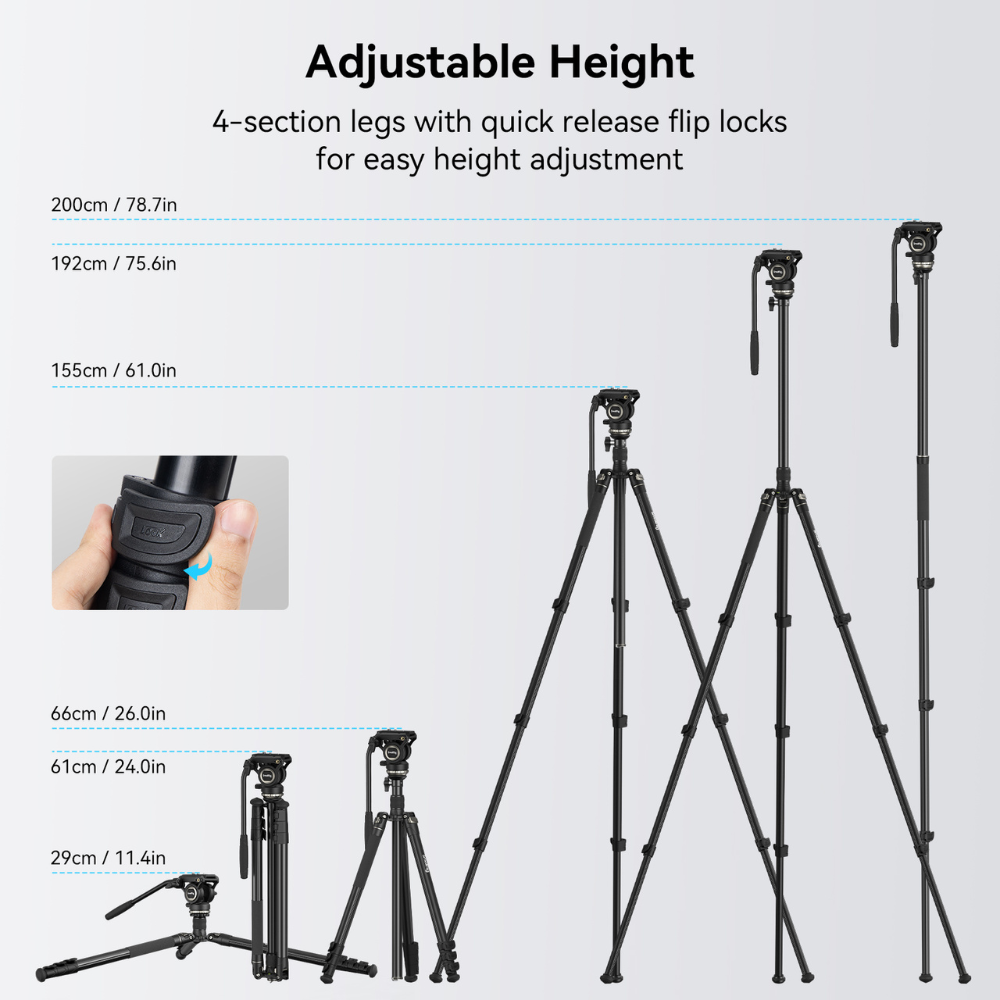 SmallRig CT-210 Aluminum Camera Video Tripod Kit - Snap-On Type Quick Release Fluid Head, Reversible Center Column, 192cm Max Height, 6kg Load Capacity, 4-Section Legs, 360° Panning & 90°/-65° Tilting, Monopod Configuration | 4475