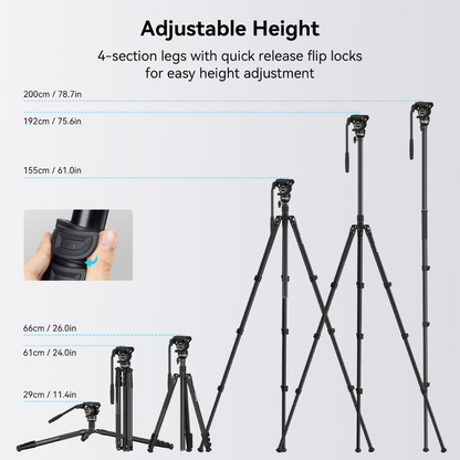SmallRig CT-210 Aluminum Camera Video Tripod Kit - Sp-On Type Quick Release Fluid Head, Reversible Center Column, 192cm Max Height, 6kg Load Capacity, 4-Section Legs, 360° Panning & 90°/-65° Tilting, Monopod Configuration | 4475