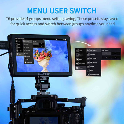 FEELWORLD T6 Camera Field Video Monitor 6" IPS with Aluminium Housing 4K HDMI Full HD, Aluminium Housing, 3D LUT, HDR, Waveform NP-F Battery Slot & Multiple Power Options