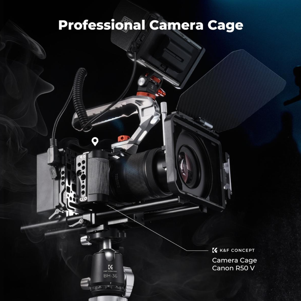 K&F Concept Camera Cage for Canon R50V, CNC Aluminum Arca Base, Cold Shoe 1/4"-20 & 3/8"-16 Mounts
