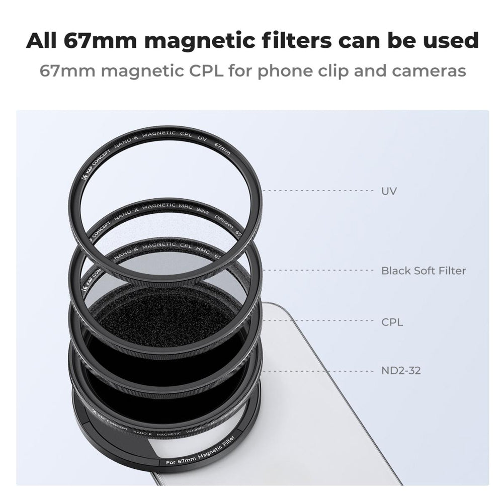 K&F Concept 67mm VND (1-5 Stops) Variable Neutral Density Magnetic Lens Filter for iPhone 15 14 13 12 11 Smartphone with Clip and Cold Shoe Mount