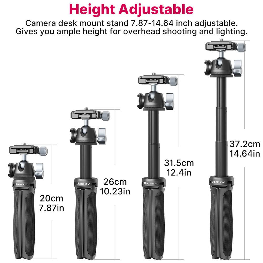 Ulanzi MT-47 Vlog Tripod Selfie Stick Camera Handle Aluminum Alloy with 90 Degree Vertical Tilt Ball Head, Max 14.6" / 2Kg Height and Load Capacity, Arca Type QR Plate and Rotating Cold Shoe Mount for Vlogging, Content Creation