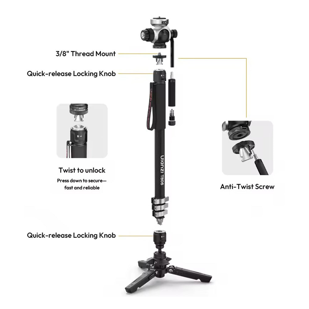 Ulanzi SMOD TB06 Carbon Fiber Video Monopod with 360 / 180 Degree Pan and Tilt, 1.6m Extended Height, 10kg Max Load Capacity and 3kg Ball Head Max Payload for Videography | T034GBB1