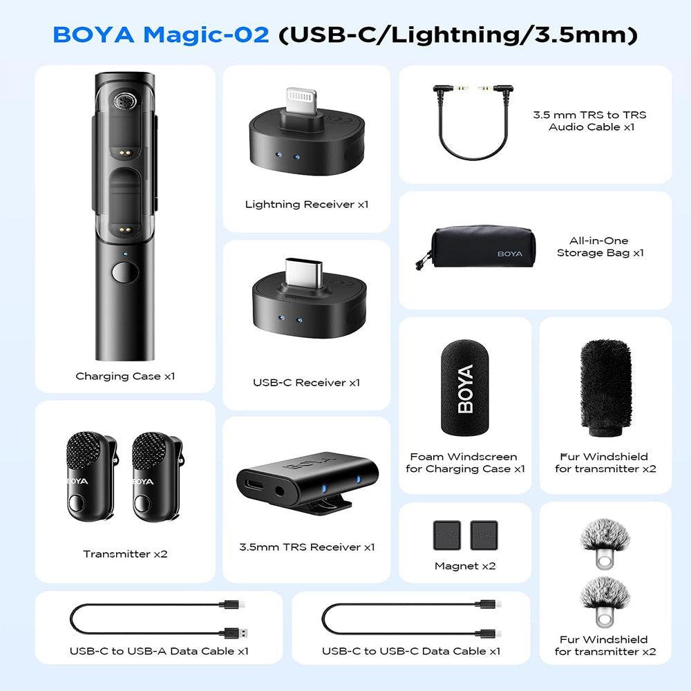 BOYA MAGIC-02 / MAGIC-05 Transformable Al-Powered Mini Wireless Lavalier Microphone Kit w/ USB-C, Lightning and 3.5mm TRS Receivers, AI Noise Reduction, 30Hrs Total Battery Life & 100M LOS Range — Versatile for Professional & Personal Use