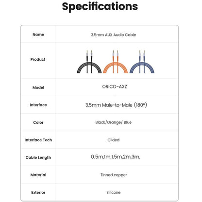 [CLEARANCE] ORICO Soft Silicone 3.5MM AXZ Series Audio Cable Male-to-Male with Gilded Connector and Tinned Copper for Smartphone Speakers and Other Audio Accessories - Blue