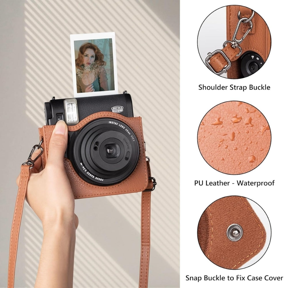 Pikxi Protective Leather Style Case for FUJIFILM Instax Mini 99 Instant Film Camera with Body Strap - Available in Brown and Black