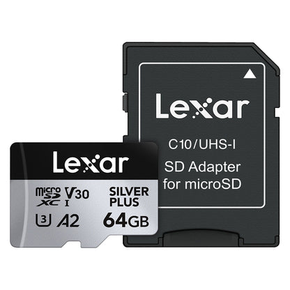 Lexar Professional 256GB 128GB 64GB Silver Plus MicroSDXC UHS-I A2 V30 U3 Class 10 Micro SD Card with 4K UHD Video Record, Max 205MB/s Read Speeds and MicroSD Card Adapter for Cameras and Android Devices