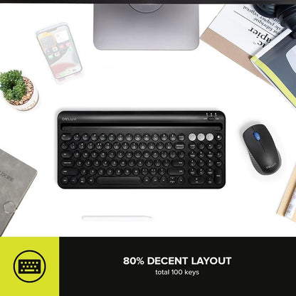 [CLEARANCE] Delux K2212V 2 Zone Universal Wireless Bluetooth Keyboard Rechargeable with Integrated Stand Cradle, 100 Keys, Scissors Keycaps for Windows/ISO/Android