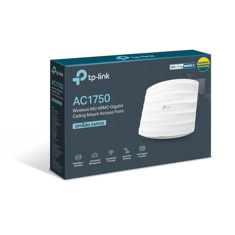 TP-Link Omada EAP245 AC1750 Wireless Dual Band Gigabit Ceiling Mount WIFI Access Point with 2.4Ghz / 5Ghz, 1750Mbps Max Speeds, Long Range Coverage, Seamless Roaming and Centralized Magement for Cloud Platform