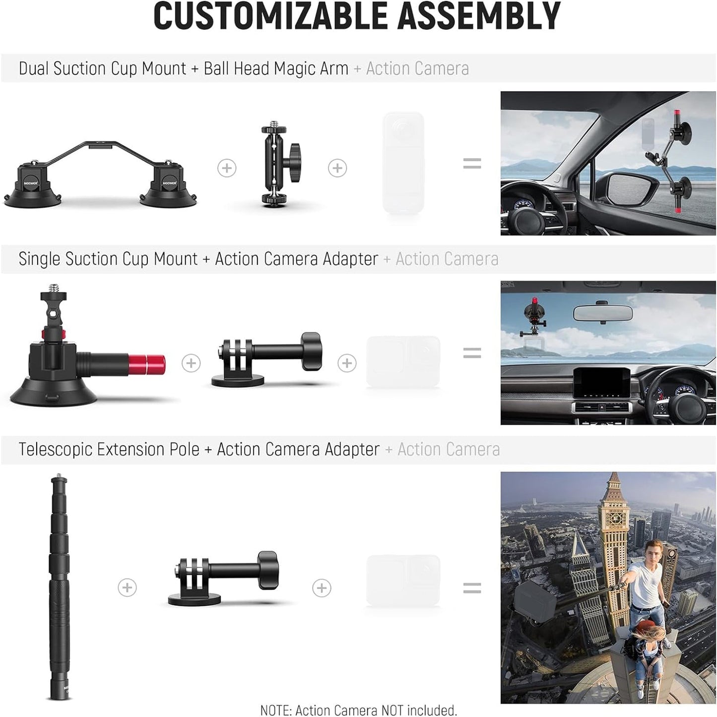 Neewer CA065 Action Camera / Smartphone Triple Powerful Triangular Structure Suction Cup Car Mount Kit Set with 360° Dual Ball Head, 4 Section Telescopic Extension Pole for Videography & Content Creation | 10103631