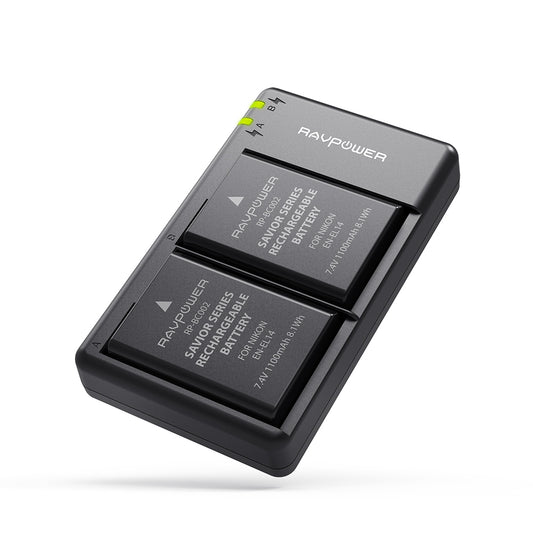 RAVPower EN-EL14 Battery Charger and 2-Pack Rechargeable Li-ion Batteries for Nikon D5600 D3300 D3500 D5100 D5500 D3100 D3200 D5200 D5300 Coolpix P7000 P7100 P7200 P7700 P7800