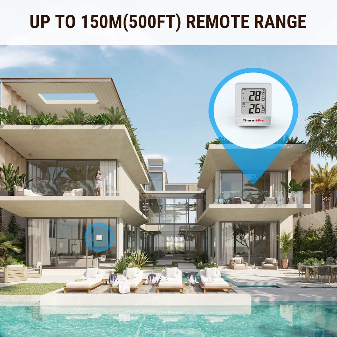 ThermoPro TP200C Wireless Indoor Outdoor Thermometer with 150m Range, Rainproof Sensor, Supports 3 Channels, Accurate Digital Temperature Monitor for Home, Garden Cellar, Greenhouse & Living Room
