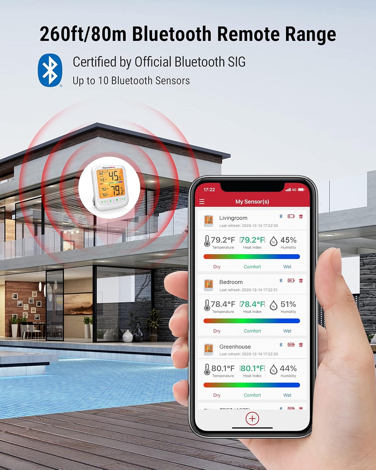 ThermoPro TP359 Bluetooth Hygrometer Thermometer 260FT Wireless Indoor Temperature & Humidity Monitor with App Alerts, Data Storage & Backlit Display for Greenhouse, Living Room, Bath Room and Bed Room