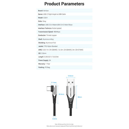 Vention Right Angle Type-C Male to USB 2.0-A Male Nickel Plated Braided 3A Fast Charging Cable with 480Mbps Transfer Speed for Smartphones | COEH