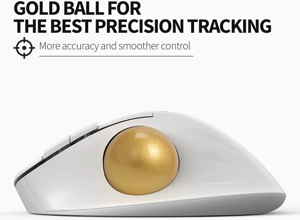 [CLEARANCE] Delux MT1 DB Bluetooth and 2.4 GHz Wireless Ergonomic Trackball Optical Mouse with 2400 DPI Resolution Sensor, Up to 6 Programmable Buttons, and Multi-Device Connectivity for PC and Laptop Computers, Phones, and Tablets - White - Color - White
