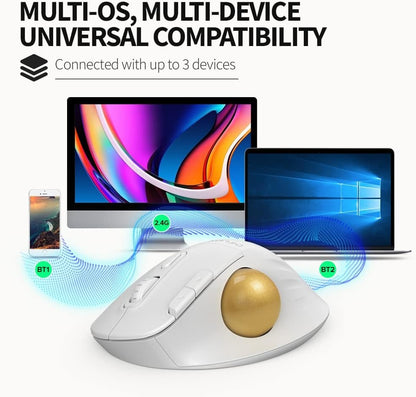 [CLEARANCE] Delux MT1 DB Bluetooth and 2.4 GHz Wireless Ergonomic Trackball Optical Mouse with 2400 DPI Resolution Sensor, Up to 6 Programmable Buttons, and Multi-Device Connectivity for PC and Laptop Computers, Phones, and Tablets - White - Color - White