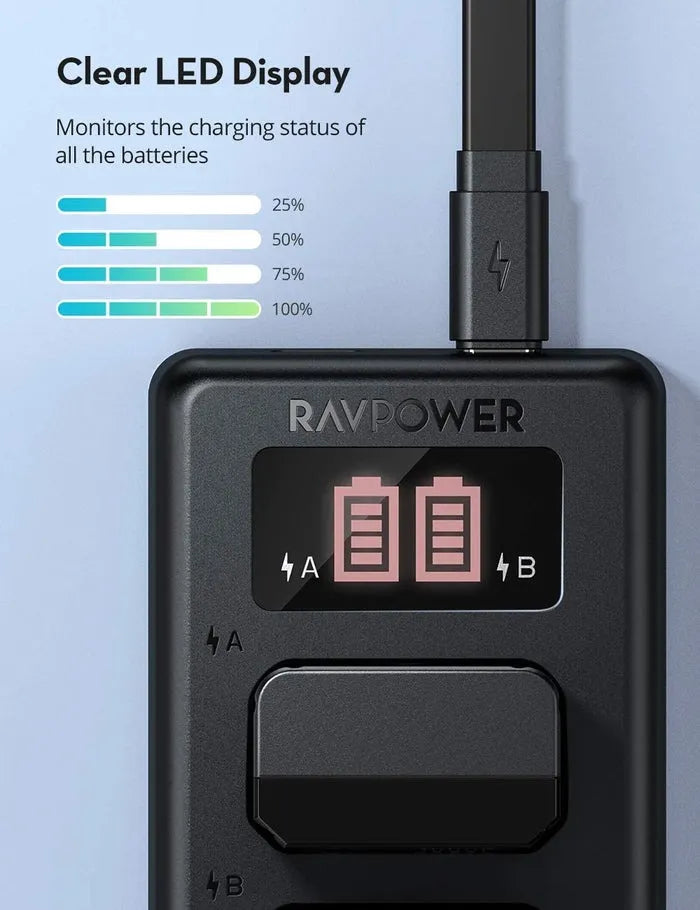 RAVPower (2-Pack) NP-FW50 NPFW50 Battery & Dual Charger Kit for Sony Alpha a6000, a6400, a6100, a6300, a6500, a7, a7 II, a7R, a7R II, a7R2, a7S, a7S II, a7S2, a55, RX10, NEX-3/5/7 Digital Camera with Micro USB and Type C Charging Port