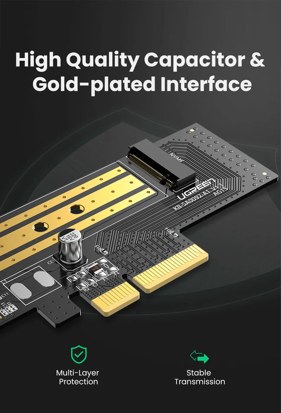 [CLEARANCE] UGREEN M.2 NVME to PCI-E 3.0 x4 Expansion Card Adapter with x4 / x8 / x16, M M+B Key and 32Gbps Transfer Speed for PC Computer CPU Tower Desktop | 70503