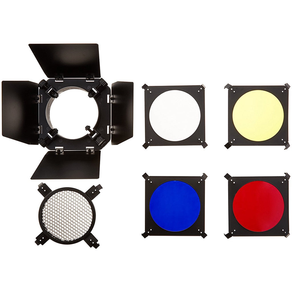 Pxel Universal Mount 3in1 Barn Door Honeycomb Grid & 4 Color Gel Filters Barndoor Kit
