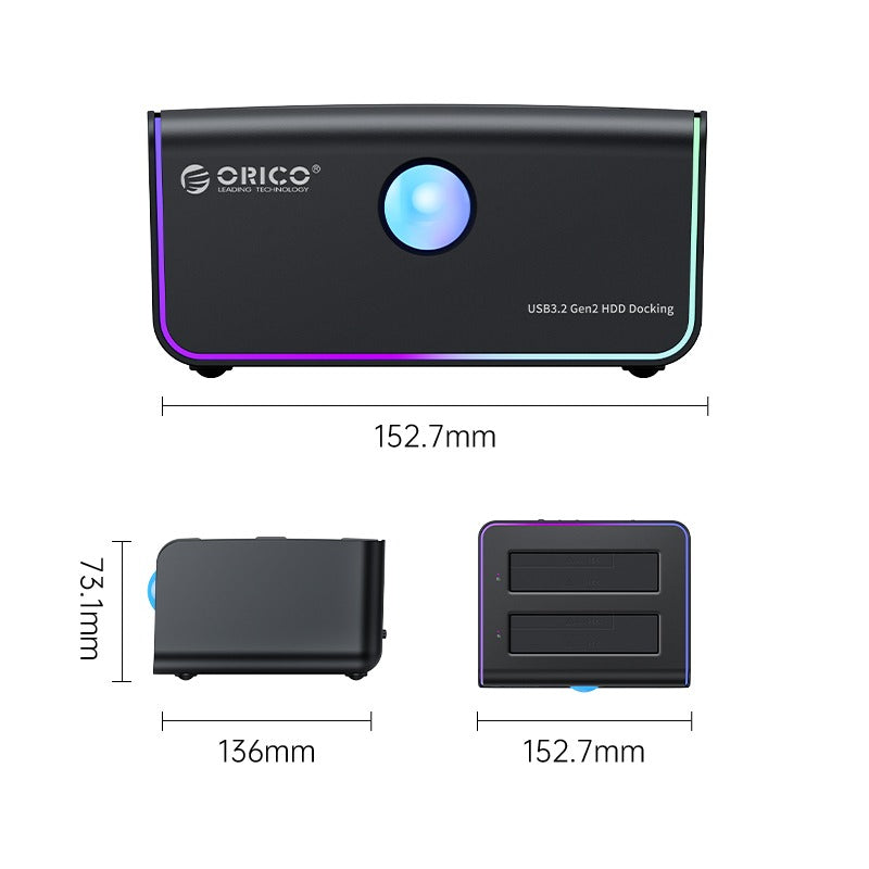ORICO 2.5 inch / 3.5 inch SATA to USB 3.2 Gen2 Type C (Single/Dual Bay) RGB HDD Docking Station with 10Gbps Fast Data Transfer Rate, 2-in-1 USB-C to C/A Cable, 40TB Max. Supported Capacity for Windows, macOS, Linux, Android | 8818C3 8828C3