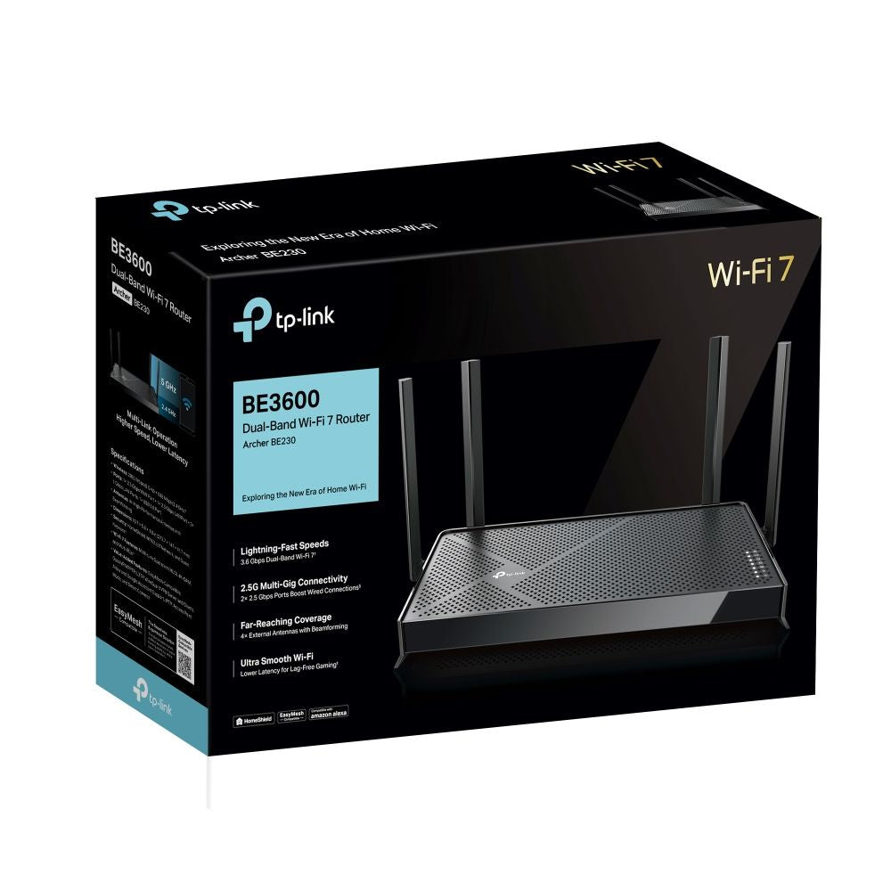 TP-Link Archer BE230 BE3600 Dual Band Home WIFI 7 Router with 3.6Gbps Wireless Speeds, 2.5Ghz / WAN / LAN Ports, 4x Exterl Antens, EasyMesh Compatible, and HomeShield Security Support