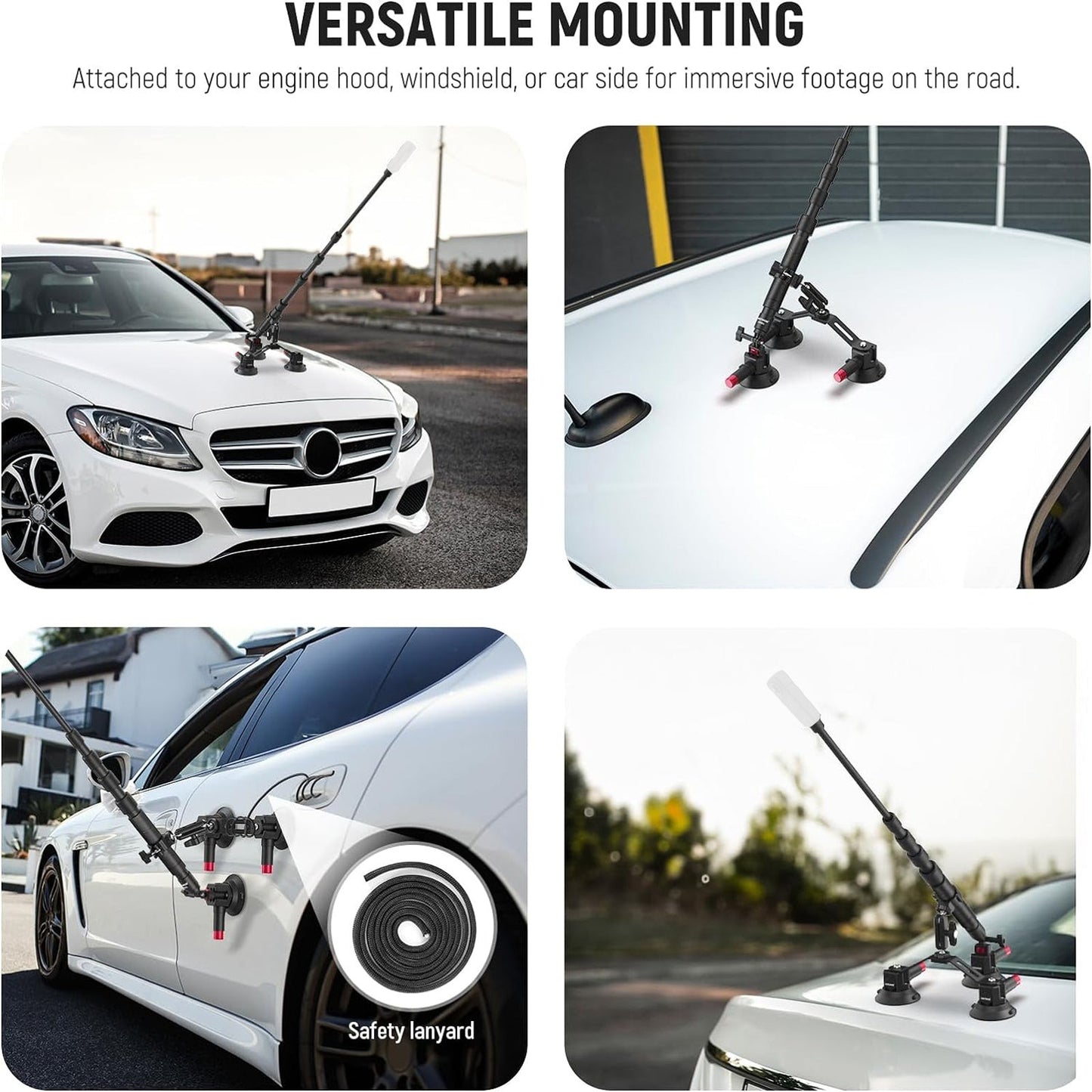 Neewer CA065 Action Camera / Smartphone Triple Powerful Triangular Structure Suction Cup Car Mount Kit Set with 360° Dual Ball Head, 4 Section Telescopic Extension Pole for Videography & Content Creation | 10103631