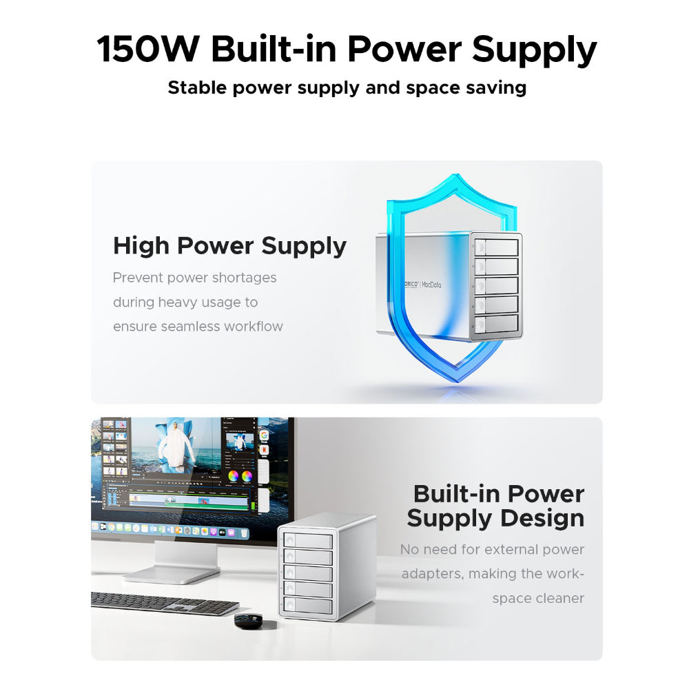 ORICO MacData Vault 5-Bay RAID DAS Solution 5GBPS USB 3.0 Hard Drive Enclosure for 2.5-3.5" SATA SSD/HDD with 110TB Max Storage & Built-In 150W Power Supply for Computer Desktops & Laptops (Windows, MacOS & Linux)