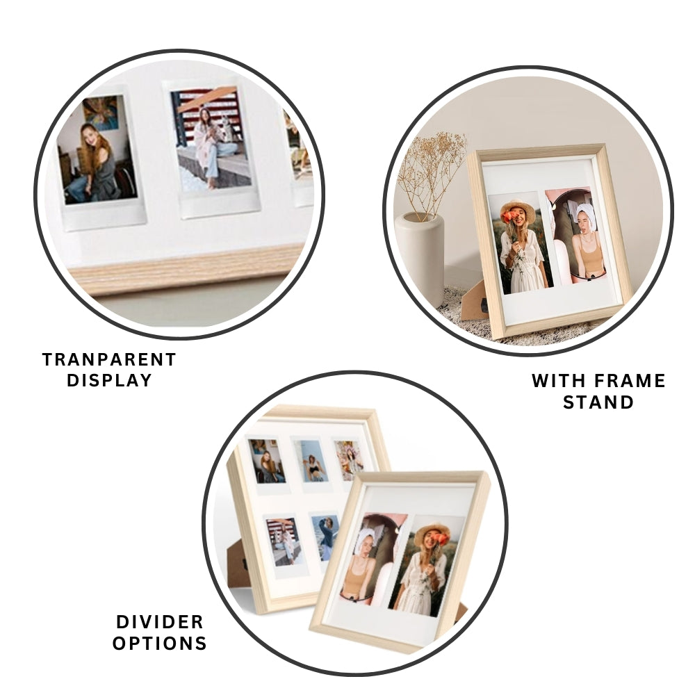 Pikxi 2-in-1 Wooden Picture Frame for FUJIFILM Instax Mini Film and 4R Photo Prints with Stand and Wall Mount