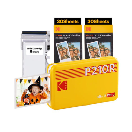 KODAK Mini 2 RETRO Portable Bluetooth NFC Wireless 620mAh Photo Printer Bundle Kit with 68 Film Sheets and Accessories, 2.1" x 3.4" Prints 4PASS Print, Bordered / Borderless Printing, Smartphone App Support (Yellow, Black, White) | P210R