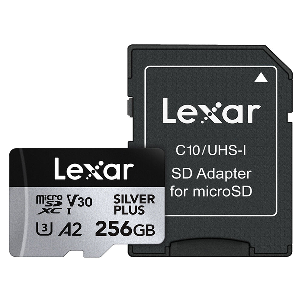 Lexar Professional 256GB 128GB 64GB Silver Plus MicroSDXC UHS-I A2 V30 U3 Class 10 Micro SD Card with 4K UHD Video Record, Max 205MB/s Read Speeds and MicroSD Card Adapter for Cameras and Android Devices