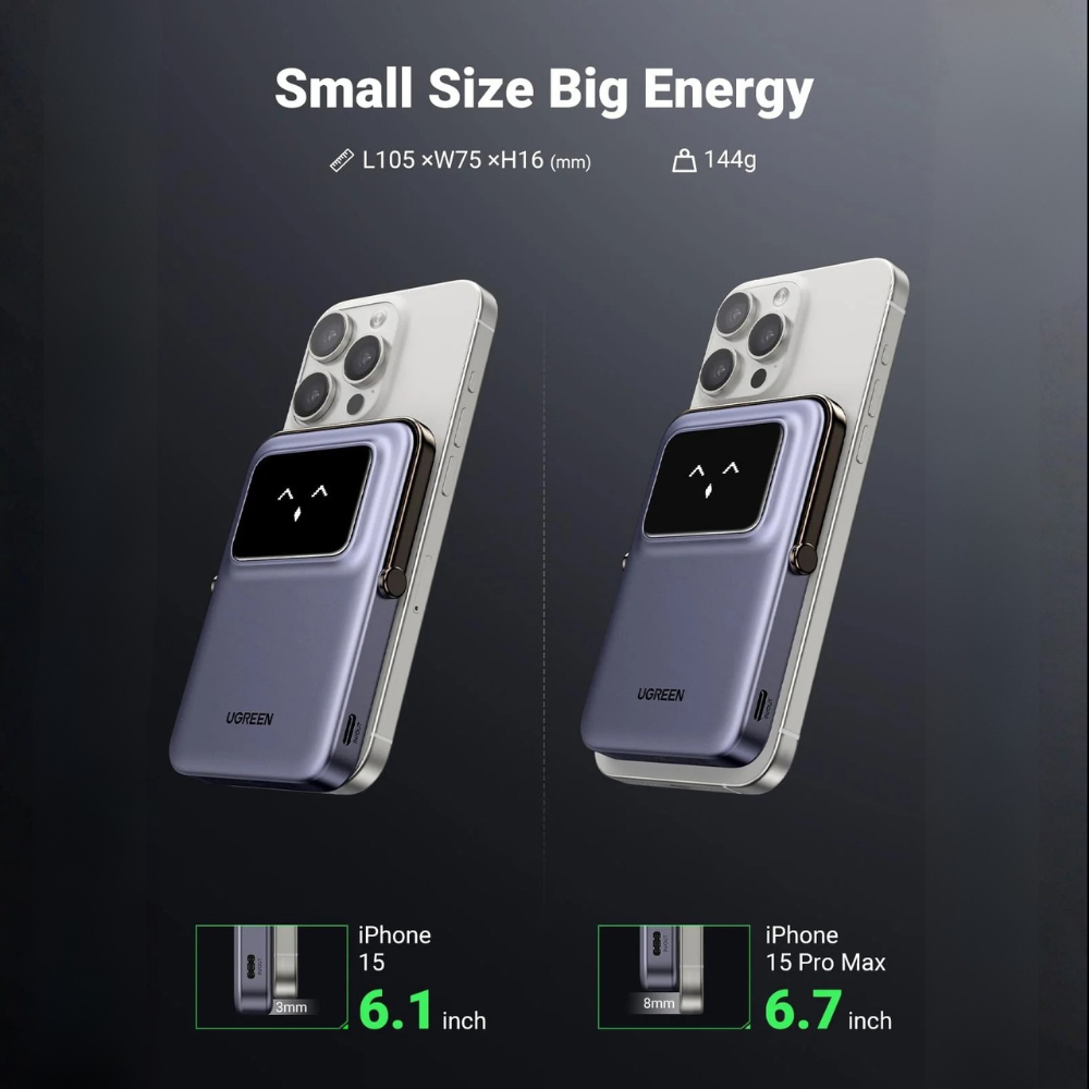 UGREEN Uno 5000mAh Magnetic Wireless Power Bank, 7.5W Wireless, 20W USB-C PD, TFT Display | PB571