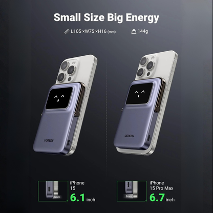 UGREEN Uno 5000mAh Magnetic Wireless Power Bank, 7.5W Wireless, 20W USB-C PD, TFT Display | PB571