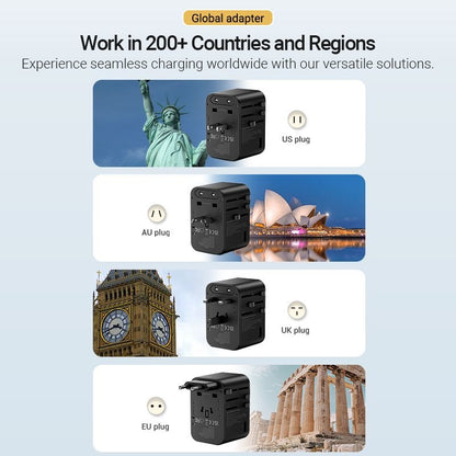 Vention 65W Multi-Port Universal Travel Adapter with GaN Fast Charging USB PD Ports, US/AU/UK/EU Male and Female Plugs for Smartphone, Tablet, Laptop etc. | FJDB0