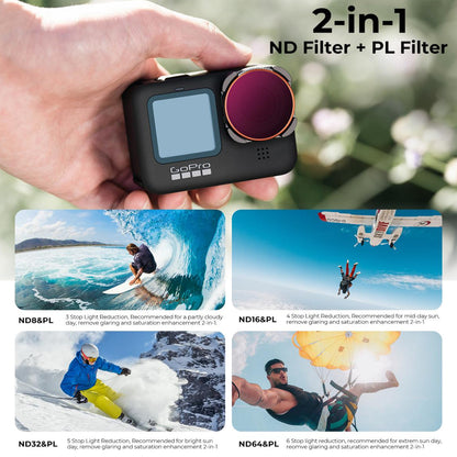 K&F Concept GoPro Hero 12 / 11 / 10 / 9 Neutral Density & Polarizer Lens Filter Set with ND8&PL + ND16&PL + ND32&PL + ND64&PL for Action Camera - Made with Multi-Coated Optical Glass & Ultra-thin Aluminum Frame