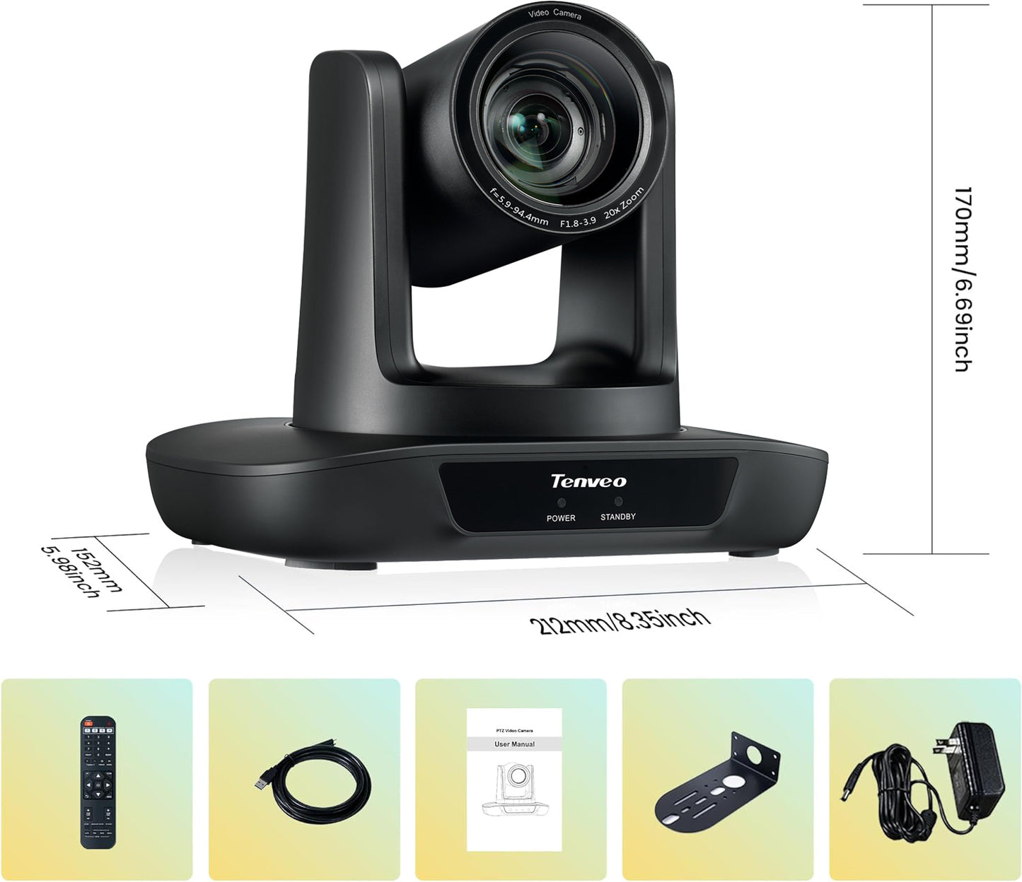 Tenveo UHDMAX NDI 1080P FHD PTZ Conference Camera with Smart Auto Tracking, 20X Optical Zoom, 2MP 1/2.8" Sony Sensor, 3G-SDI, HDMI, USB, and LAN Output for Video Live Streaming, Broadcast, Meeting & Conferencing