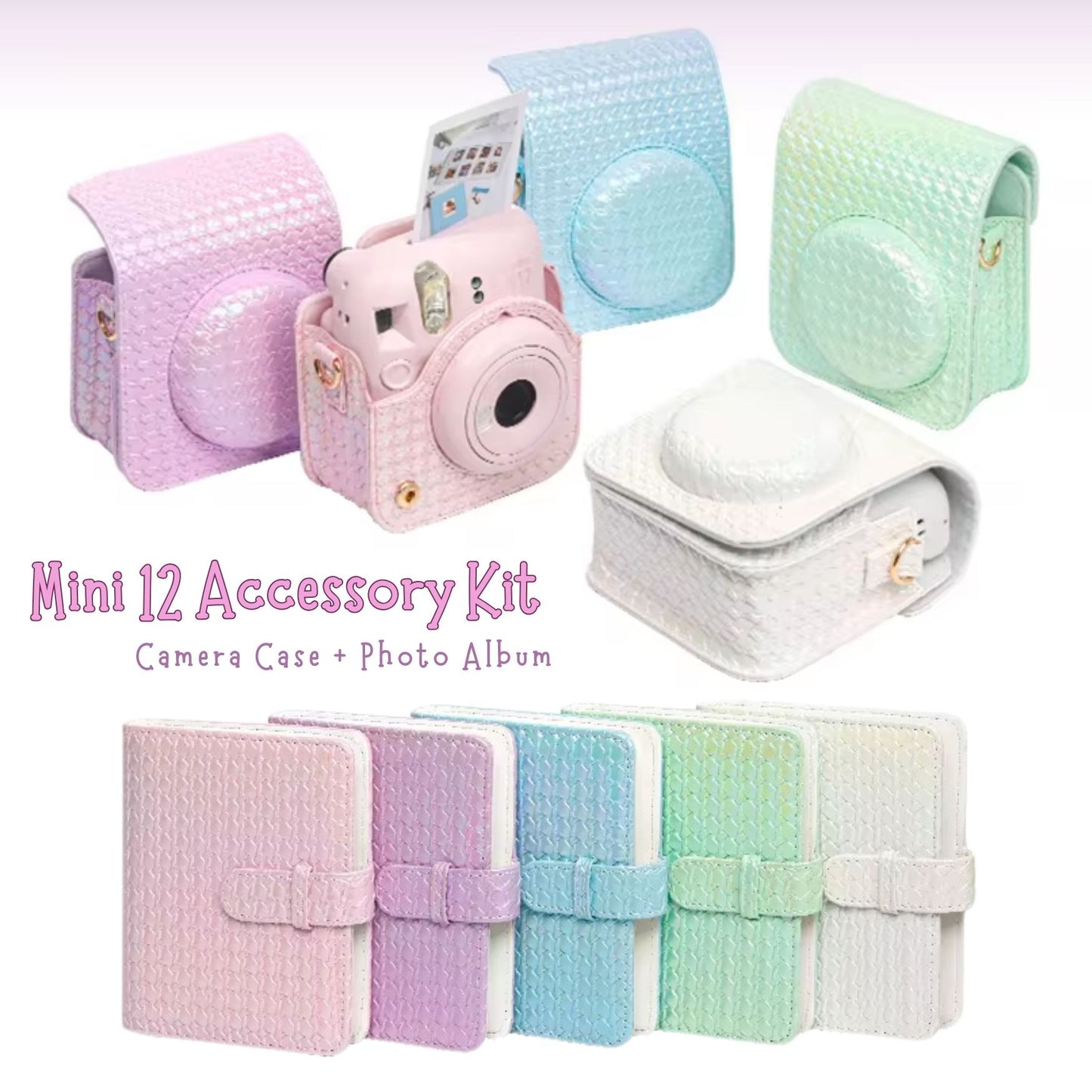 Pikxi Metallic Finish Basket Weave Pattern Photo Album and Case for FUJIFILM Instax Mini 12 Instant Film Camera - Available in Pastel Blue, Blossom Pink, White, Mint Green and Purple Colors