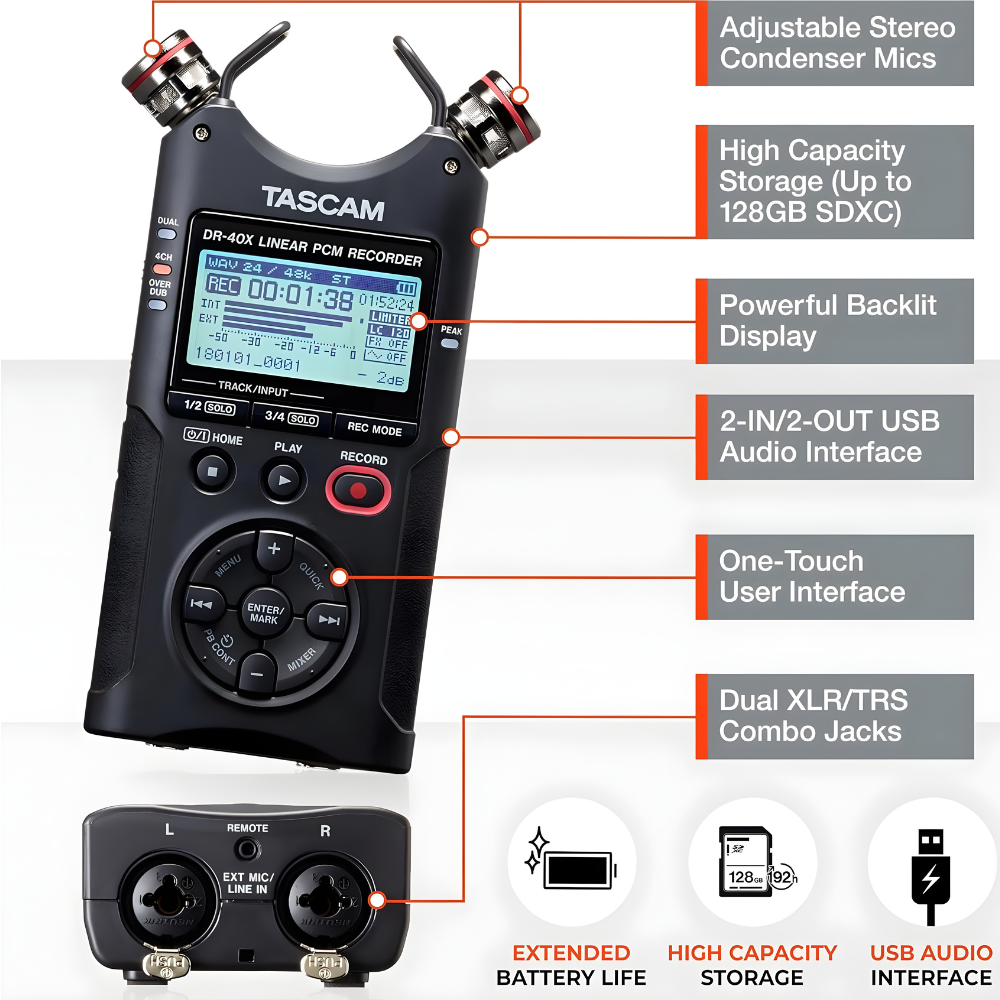 TASCAM DR-40X 4-Channel / 4-Track Portable Audio Recorder
