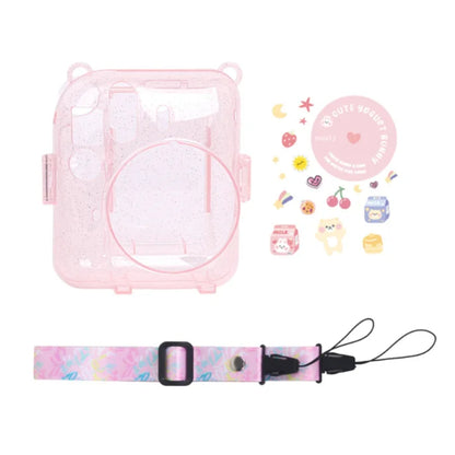 Pikxi 3-in-1 Transparent Glitter Instant Camera Case for FUJIFILM Instax Mini 12 Film Cameras with Cartoon Patch Sticker Set and Body Strap