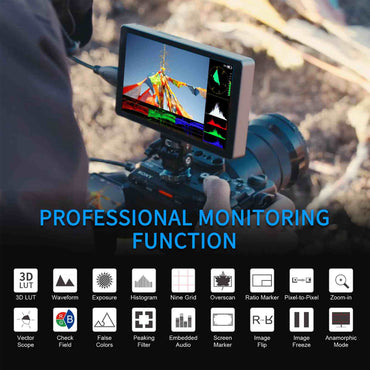 FEELWORLD P6XL 7" IPS On Camera LCD Touchscreen Video Monitor with 4K HDMI Input / Output, HDR, 1200 Nits High Brightness, Custom Load 3D LUTs, 3000mAh Built-in Rechargeable Battery for Videography