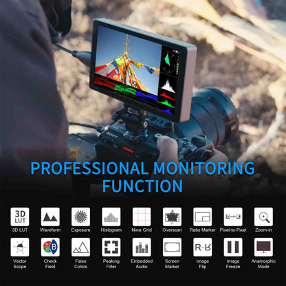 FEELWORLD P6XL 7" IPS On Camera LCD Touchscreen Video Monitor with 4K HDMI Input / Output, HDR, 1200 Nits High Brightness, Custom Load 3D LUTs, 3000mAh Built-in Rechargeable Battery for Videography