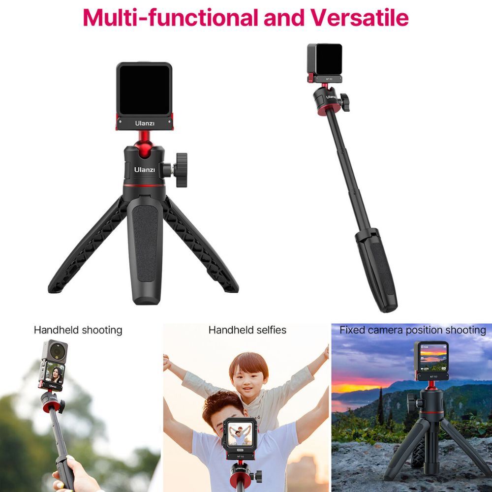 Ulanzi MT-50 Vlog Tripod 3-Section Selfie Stick Aluminum Alloy with Magnetic QR Quick Release Plate for DJI Osmo Action 2 / 3 / 4 Camera with Max 11" / 1.5kg Height and Load Capacity for Vlogging, Content Creation